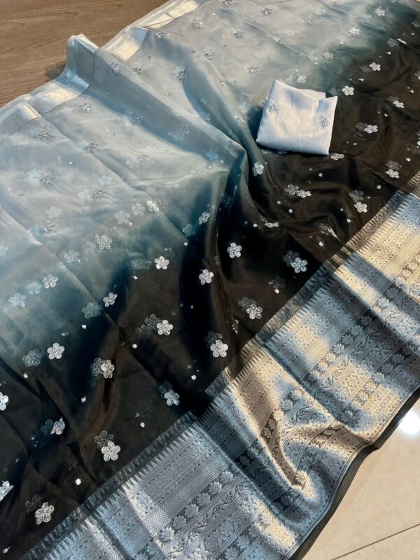 Banarasi Silk Blend organaza Saree with silver Blouse - Image 2