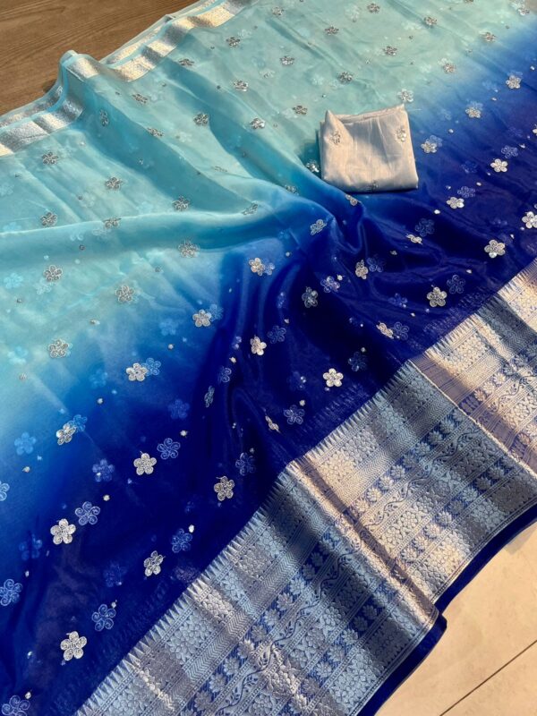 Banarasi Silk Blend organaza Saree with silver Blouse - Image 3